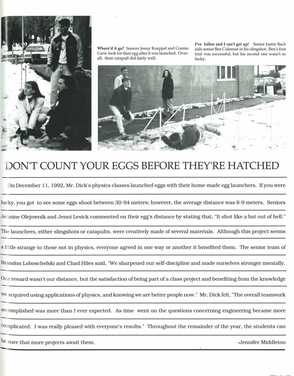 Who says science class can't be fun?? Throwback to 1993, when Mr. Dick's physics class put their engineering knowledge to work launching eggs as far as they could! #PantherPrideFoundation #WeAreMaumee #tbt