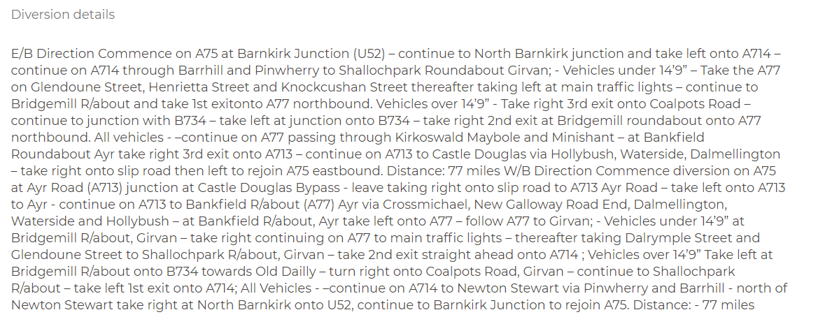 trafficscotland's tweet photo. @SWTrunkRoads UPDATE❗⌚16:16
#A75 Cardoness, near Gatehouse of Fleet
⛔ Remains CLOSED in both directions due to a fallen tree.
The closure will remain till the tree is safely removed
#A714 busy due to traffic congestion
Diversion below👇
@SWTrunkRoads https://t.co/B0U0Q87ozR