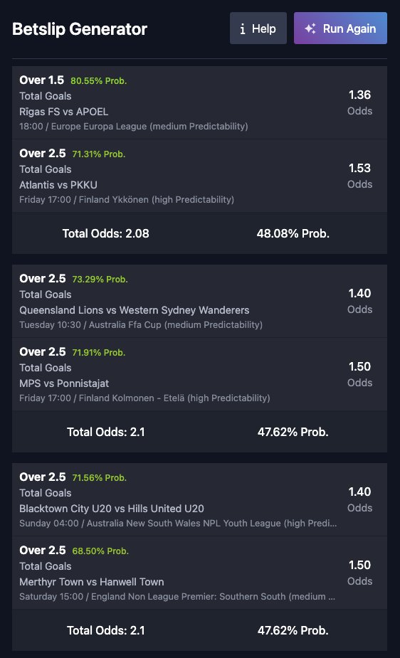 Here's a few slips from the Betslip Generator.

Using only value bets.