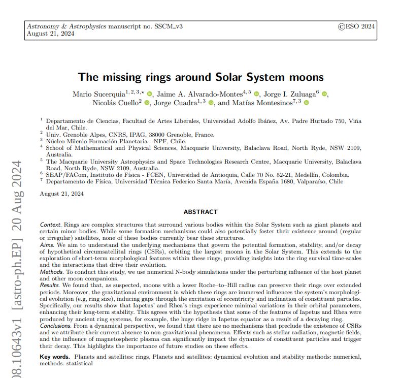 MarioSucerquia's tweet photo. Les comparto nuestro más reciente artículo, aceptado para publicación en A&amp;A, titulado “The missing rings around Solar System moons”. Quiero aprovechar para hacer algunos comentarios al respecto. https://t.co/9YSIyWjZMR