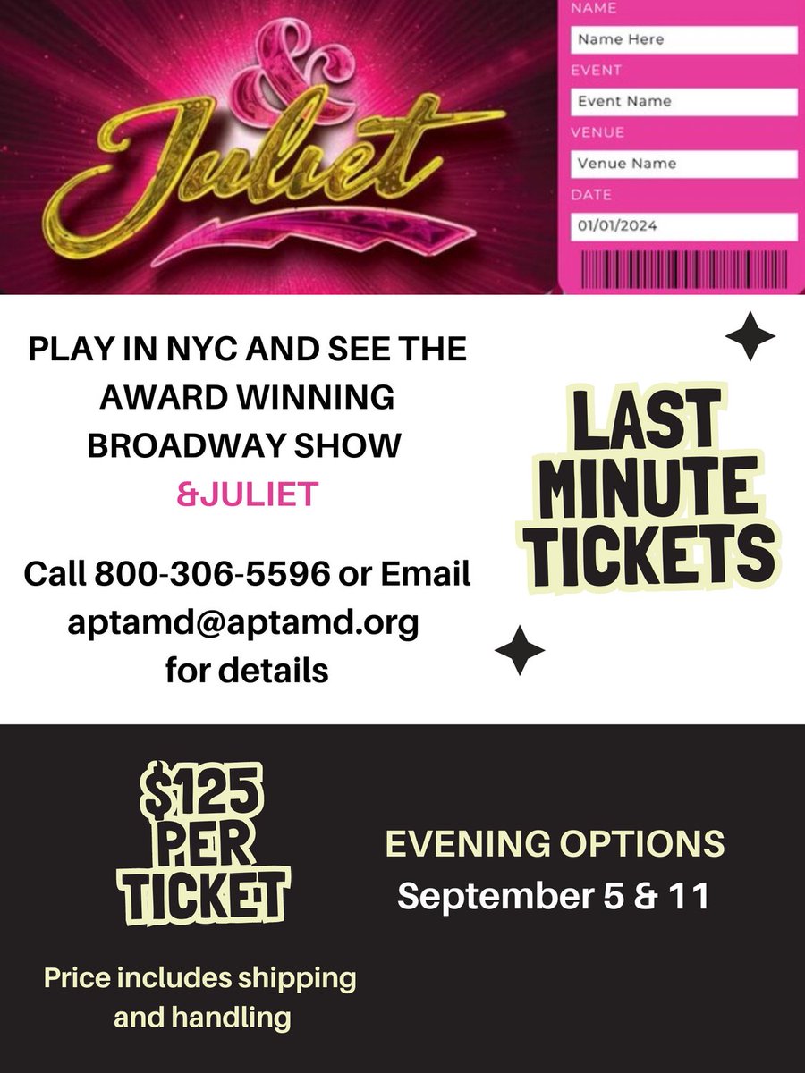 APTAMD has secured last minute discounted tickets for only $125  to &amp;Juliet on Broadway in NYC. We have evening show options for September 5 &amp; 11. If interested please call or email the chapter for details. <a href="/aptany/">APTA New York</a> <a href="/aptanj/">APTANJ</a>