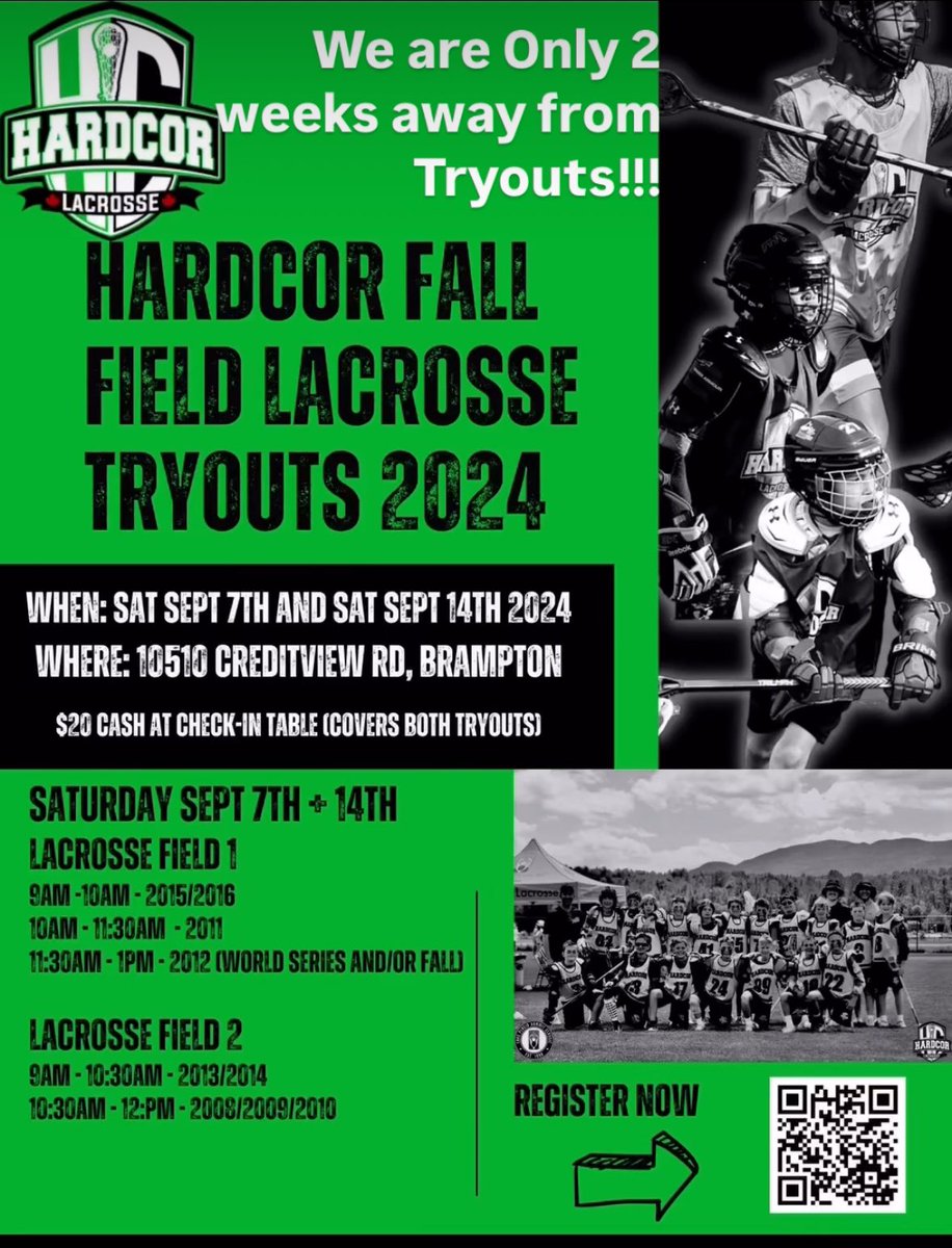Only two weeks out from tryouts! Please make sure you are registered prior to the first tryout date!

hardcorlacrosse.com/tryouts2024