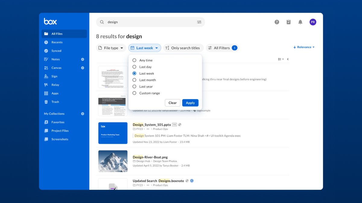 It is now easier than ever for teams to find the content they need. Here are 3 new updates to your search tools in the Box web app: 
 
1️⃣  See the filters you use most frequently, and use them to narrow down your search results