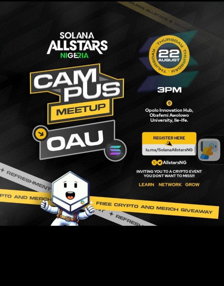 Eminence190's tweet photo. At the "All Solana Event" happening at Obafemi Awolowo University, where innovation meets excellence! ๐ Join us as we explore the future of technology and blockchain. Let's shape the future together! #SolanaEvent #OAU #allstarsng #solanaallstarsng #BlockchainRevolution https://t.co/4KODP6oMQ5