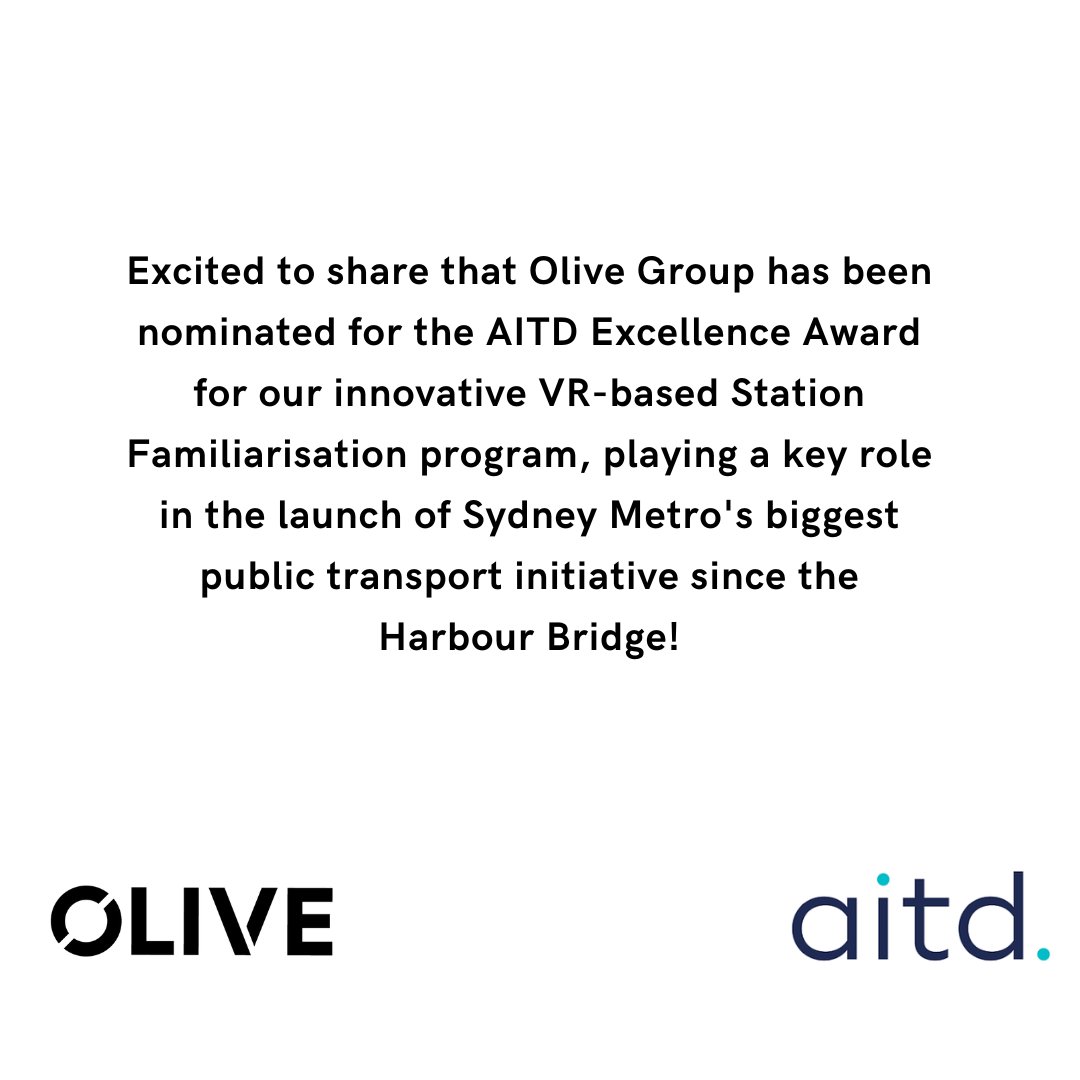 olivegroupire's tweet photo. Excited to share that Olive Group has been nominated for the AITD Excellence Award for our innovative VR-based Station Familiarisation program, playing a key role in the launch of Sydney Metro's biggest public transport initiative since the Harbour Bridge
#AITDAwards #SydneyMetro https://t.co/N55FIfcK0L