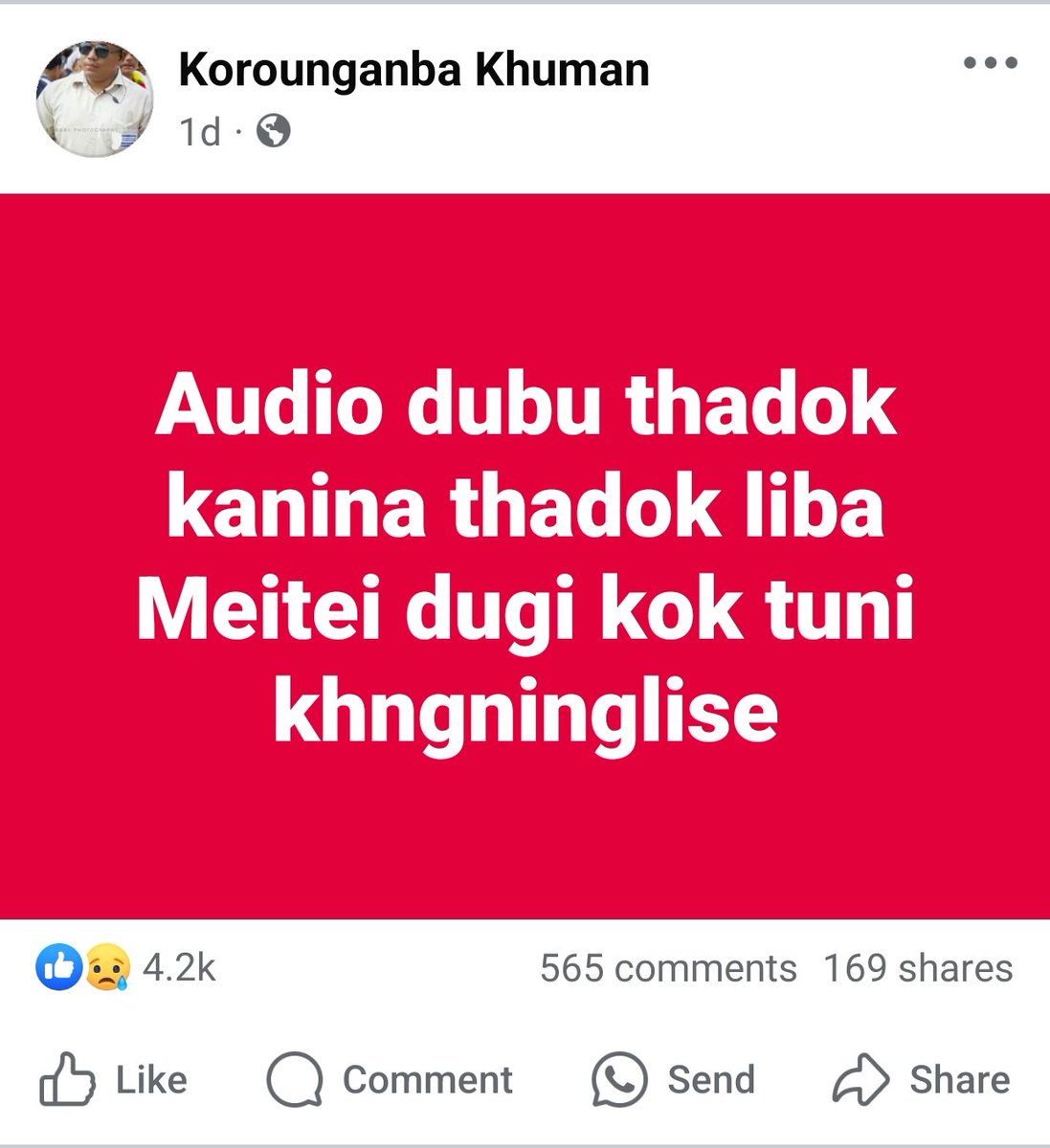 JoyKuki2's tweet photo. A radicalised group leader i.e #korounganbakhuman Arambai Tengol(AT) who was supposed to protect the integrity of manipur(India) failed by his Facebook post recently. 
@thewire_in 
@KaranThapar_TTP 
@ANI 
@ndtv 
@EastMojo 
@NBirenSingh 
@narendramodi 
@NELiveTV 
@HMOIndia https://t.co/dRIh9qlfNW