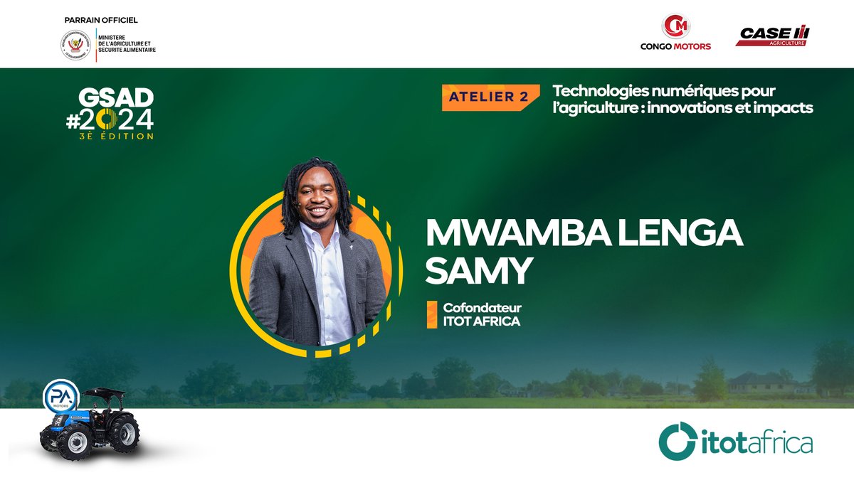 Le fondateur ITOT AFRICA, Mr. Samy MWAMBA LENGA, sera intervenant lors du deuxième atelier sur les "Technologies numériques pour l'agriculture : Innovations et Impacts"

Rejoignez-nous au Pullman Grand Karavia pour participer à la troisième édition du #GSAD2024

#GSAD