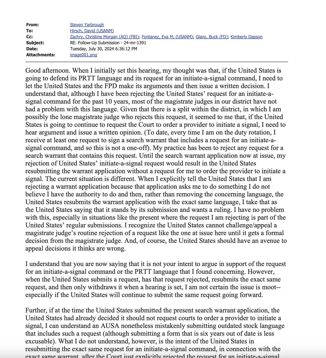 This story contains something I don't think I've seen before in Pacer: an email chain between a magistrate judge and DOJ arguing the finer details of car location tracking via "initiation of a signal." 

Judge doesn't like it.

Quite remarkable!

forbes.com/sites/thomasbr…