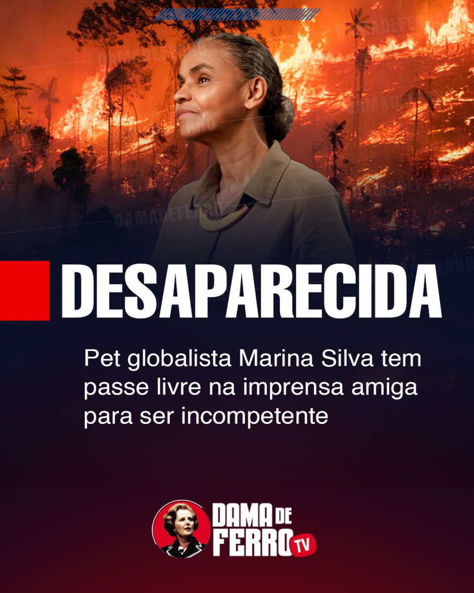 DamaDeFerroTV's tweet photo. A pior ministra do meio ambiente da história desde ela própria, a pet de George Soros tem passe livre na imprensa amiga para ser incompetente.

Com Amazônia e Pantanal batendo recordes de queimadas, a globalista se escora na tese do aquecimento global, tese esta que carece de maior debate para dizer o mínimo, mas que naturalmente já virou verdade universal para os funcionários dos comuno-globalistas e de suas massas.

Se para a pavorosa Marina antes até o acendimento da air fryer era culpa do Jair, agora é tudo culpa do, repete o mantra, MUDANÇAS CLIMÁTICAS.