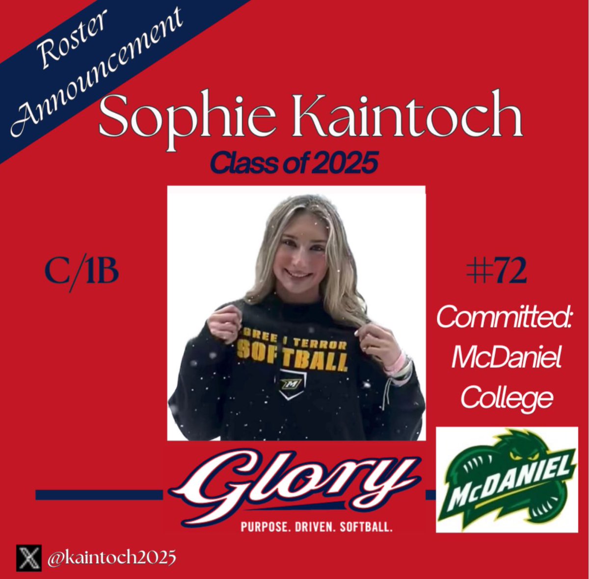 VAGlory_Hills's tweet photo. 🚨ROSTER ANNOUNCEMENT🚨

Sophie Kaintoch (2025) C/1B attends McLean High School in McLean, VA. She’s committed to McDaniel College!! Her sports hero is Jocelyn Alo. She loves strawberries🍓 and enjoys watching "The Grinch."

⭐️Follow her @kaintoch2025⭐️ https://t.co/cdQAjkiMKX