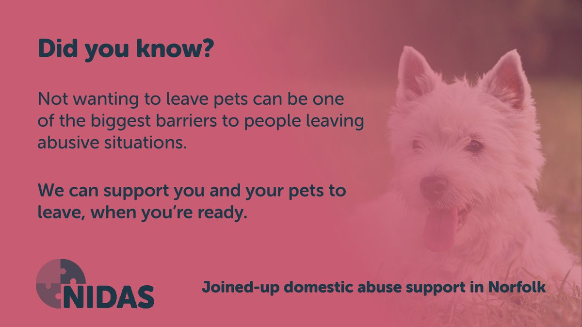 There is a direct link between domestic abuse and animal abuse and our much-loved pets are the reason why so many people cannot leave the abuse. 

But did you know that there's support available to keep you and your beloved pets safe?

#Norfolk

nidasnorfolk.co.uk/protecting-paw…