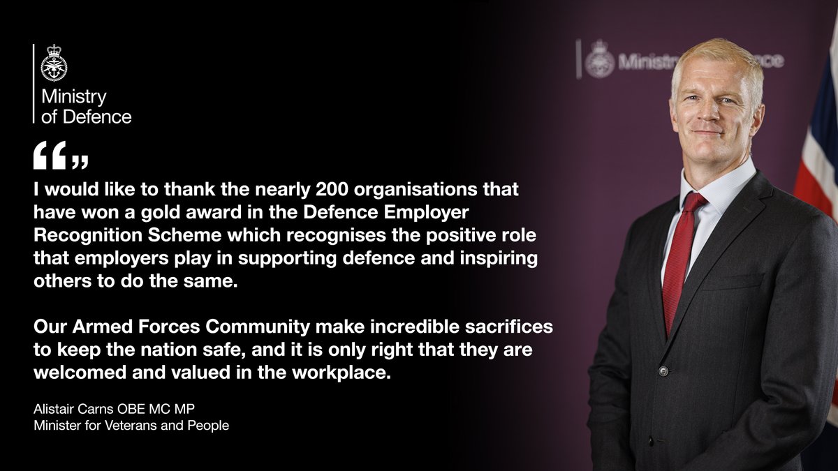 DefenceHQ's tweet photo. Congratulations to the 193 organisations who have won ‘gold’ for supporting the Armed Forces community and ensuring that those who serve or have served are given opportunities to flourish. This government is determined to renew the nation’s contract with our Armed Forces. https://t.co/yq38Szp3dk