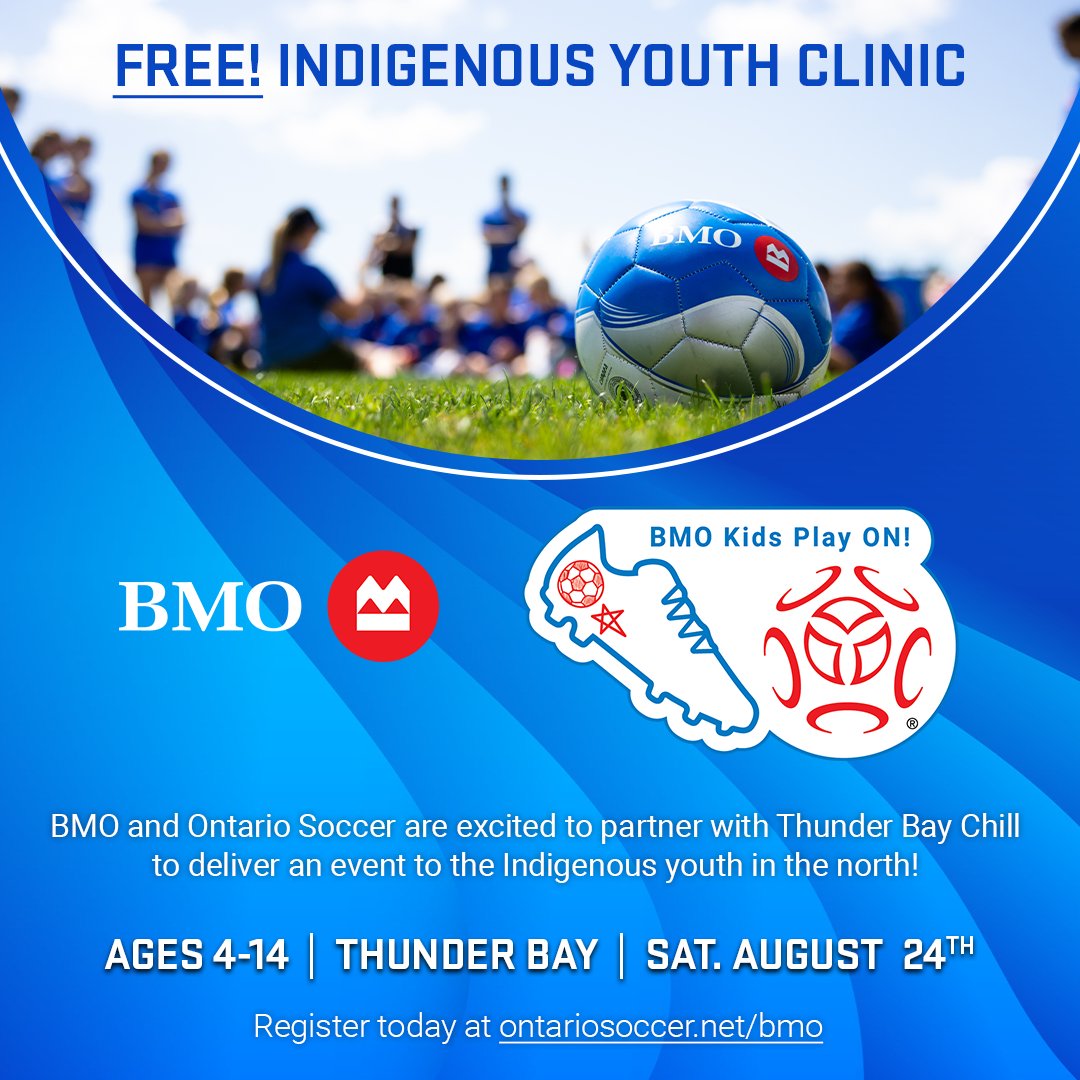 📣 Thunder Bay, BMO Kids Play ON! is coming to you. Join us on Saturday, August 24 for a soccer clinic dedicated to inspiring the next generation of Indigenous youth. Learn more and register: spr.ly/6010l2hkO 

<a href="/ThunderBayChill/">Thunder Bay Chill</a> <a href="/OntarioSoccer/">Ontario Soccer</a>