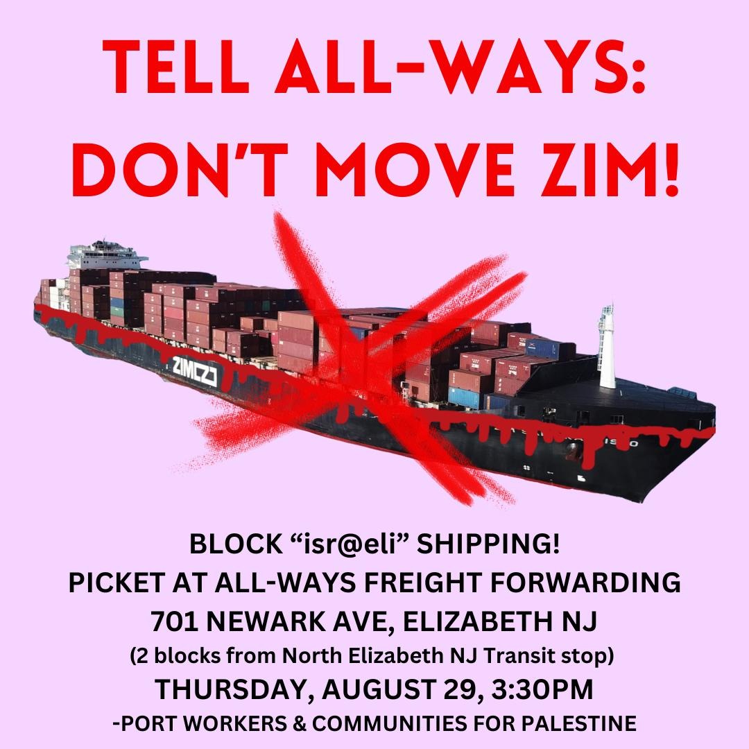 🧵🇵🇸 THURSDAY, AUG 29th - 3:30PM 🇵🇸
#NewJersey &amp; #NewYork: Community picket at #AllWaysForwarding 701 Newark Ave, Elizabeth, NJ 07208 (2 blocks from North Elizabeth NJTransit stop, 20 mins from PennStation) 

Join us for our 3rd picket as we continue to build pressure against...