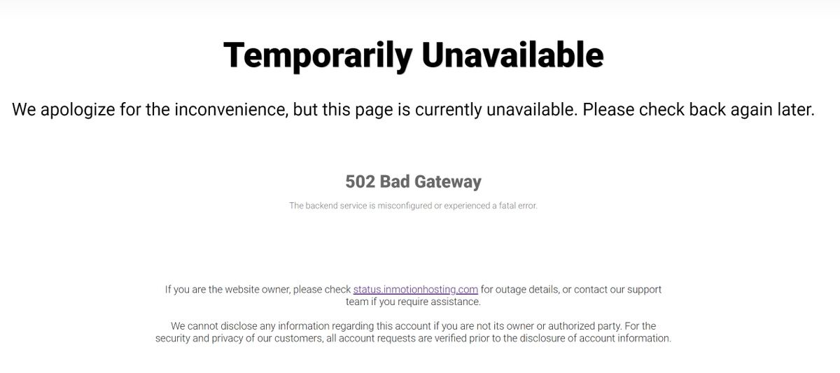 invisiblePhill's tweet photo. The daily occurrence for one of the websites I work with. It's hosted @inmotionhosting and they don't seem keen to fix the server or respond to support tickets. Time to make a backup and move everything elsewhere. #funtimes https://t.co/jTpKkX4uEf