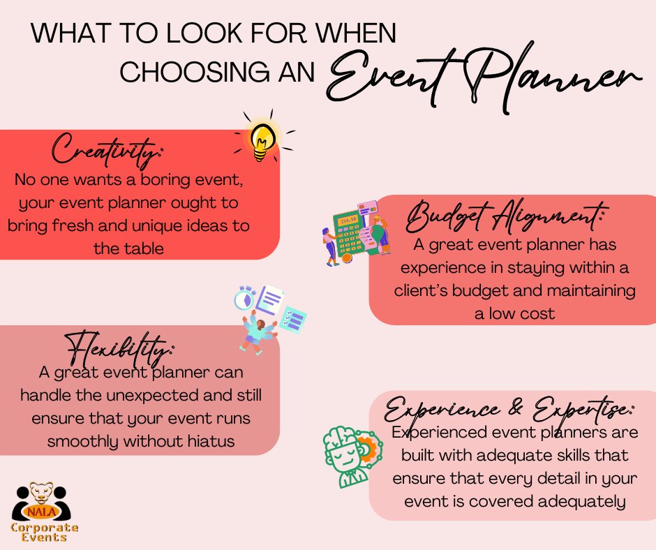 Nala_Corporate's tweet photo. Here are some insightful tips to help you pick your next event planner from an expert event planner.

Book with Nala Today!
#nalacorporateevents #nalaevents #eventtip https://t.co/PxbclHeqtN