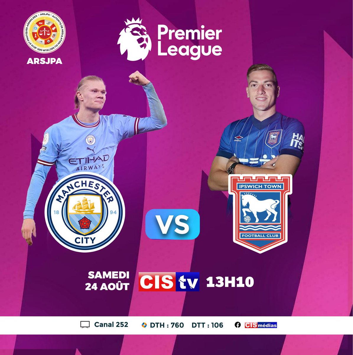 📍 Deuxième journée de Premier League sur CIS TV. 
🗓 Samedi 24 août 2024 
➡️ Manchester City vs Ipswich Town 
📺 En direct sur CIS TV 
⌚️ 14h 00 (Prise d'antenne 13h 10)