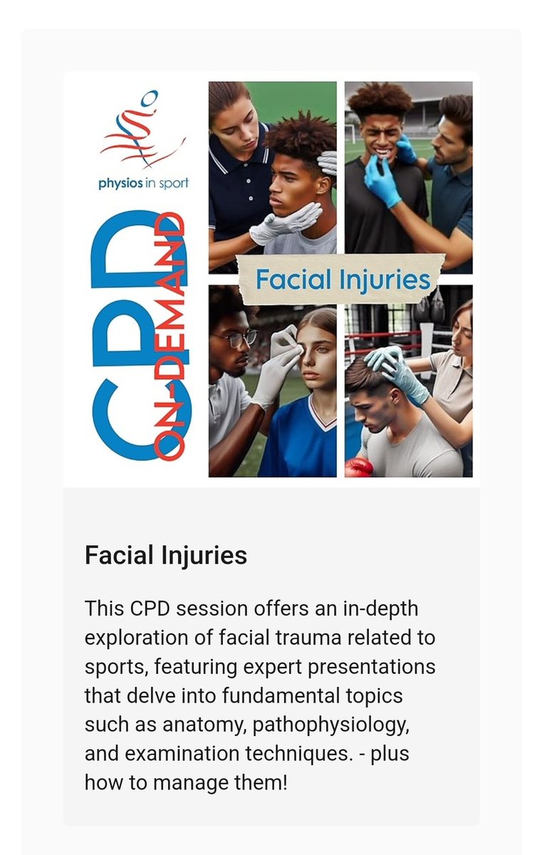physiosinsport's tweet photo. New Content: On Demand!
Get your learning in your own time!

🆕️This expert-led exploration with JoelleMort+Katy Guy covers essential aspects such as anatomy, pathophysiology, examination techniques, and injury types including fractures and dental trauma

https://t.co/F4BXsOsjjG https://t.co/8okQpdzDgP