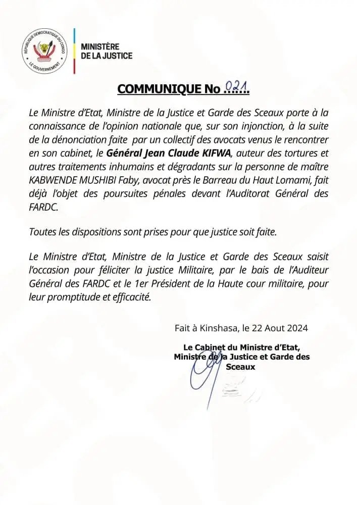 excellenceinfos's tweet image. #RDC : Le général #Jean Claude Kifwa, commanditaire des actes de tortures et autres traitements inhumains, et dégradants sur la personne de maître #Kabwende Mushibi Faby, fait déjà objet des poursuites pénales devant l'auditorat général des FARDC.👇