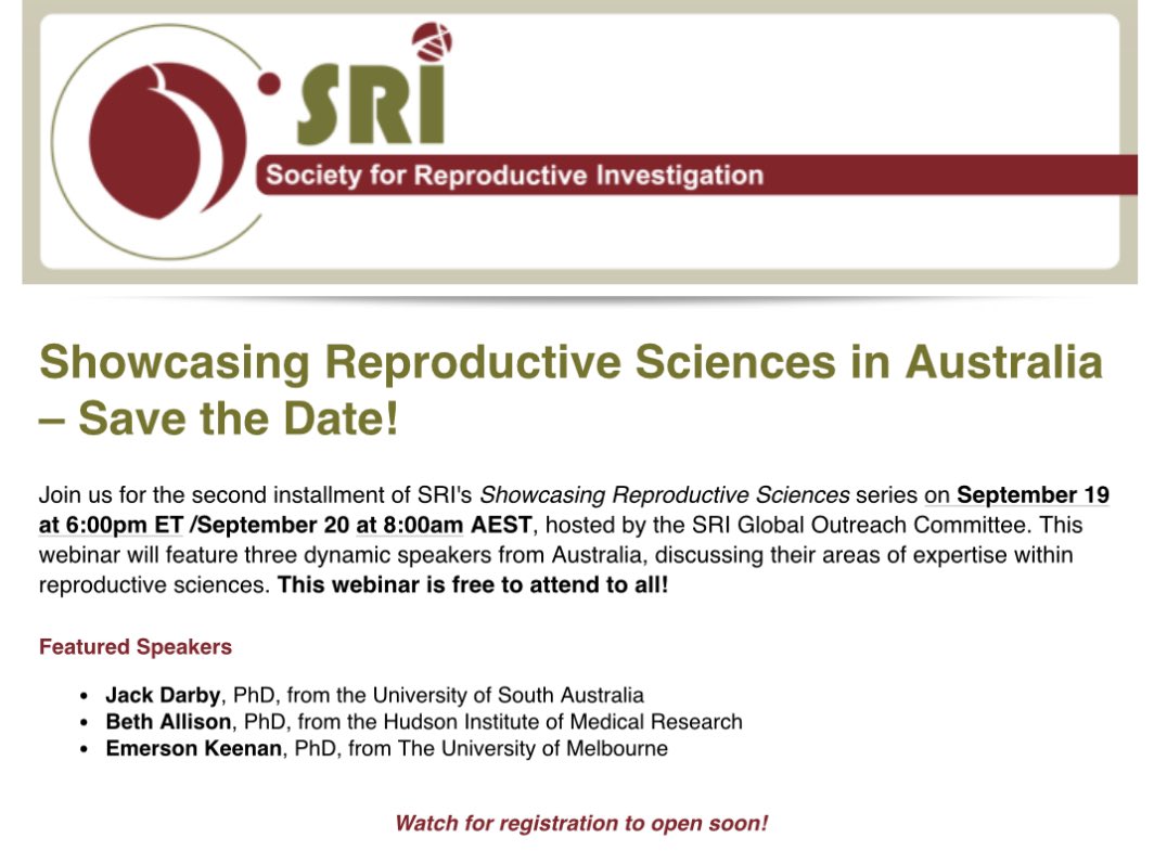 Kristin Connor @kconnor.bsky.social (@kc0nn0r) on Twitter photo Excited to host the next <a href="/SRIWomensHealth/">SRI</a>
✨Showcasing Reproductive Sciences series✨
Some of my favourite 🇦🇺scientists will present their innovative research
👶🏼<a href="/BethJForbes/">Beth Allison (she/her)</a> <a href="/Hudson_Research/">Hudson Institute of Medical Research</a>
🫀<a href="/JackRTDarby/">Jack Darby</a> <a href="/UniversitySA/">UniSA</a>
🤖<a href="/emerson_keenan/">Dr Emerson Keenan</a> <a href="/UniMelb/">University of Melbourne</a>
Mark your 🗓️
See u there🫡 Excited to host the next <a href="/SRIWomensHealth/">SRI</a>
✨Showcasing Reproductive Sciences series✨
Some of my favourite 🇦🇺scientists will present their innovative research
👶🏼<a href="/BethJForbes/">Beth Allison (she/her)</a> <a href="/Hudson_Research/">Hudson Institute of Medical Research</a>
🫀<a href="/JackRTDarby/">Jack Darby</a> <a href="/UniversitySA/">UniSA</a>
🤖<a href="/emerson_keenan/">Dr Emerson Keenan</a> <a href="/UniMelb/">University of Melbourne</a>
Mark your 🗓️
See u there🫡