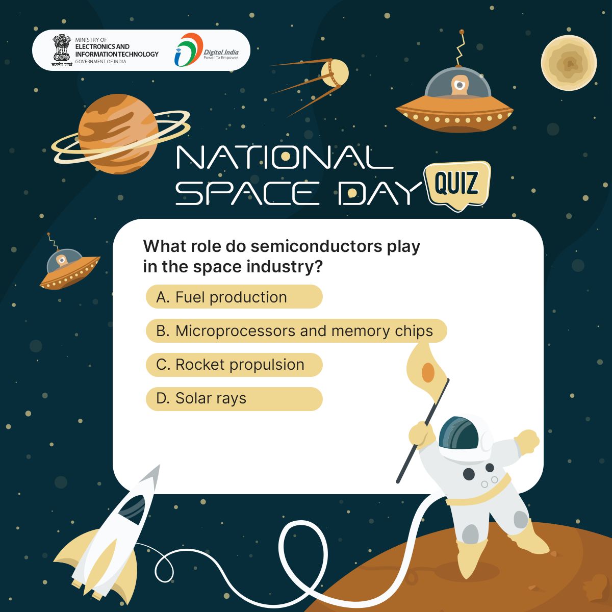 NeGD_GoI's tweet image. National Space Day Quiz #Question5
Answer Now! #NationalSpaceDay #DigitalIndia #NSpD2024 @isro
