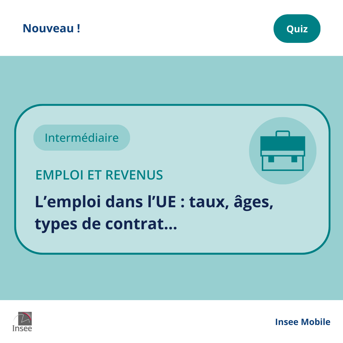 InseeFr's tweet photo. #InseeMobile | Découvrez l’application Insee mobile ! Testez dès maintenant vos connaissances sur l’emploi dans l’Union européenne
👉 https://t.co/TXenUuxL6e https://t.co/cxI1t51FGg
