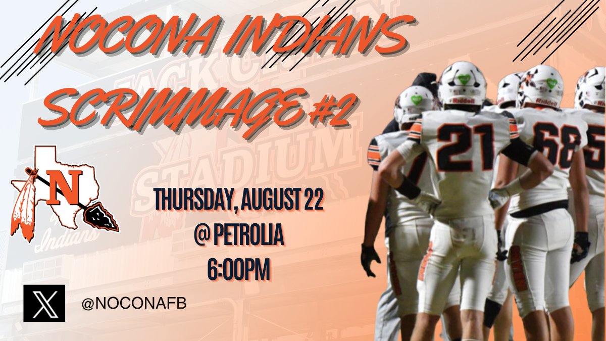 Nocona Indian Football (@noconafb) on Twitter photo Scrimmage #2 tonight!! Let's go Indians!! See you there!
📌 Petrolia
⌚️6:00pm
<a href="/bcrutsinger/">Coach Crutsinger</a> <a href="/JoshLehde/">Coach Lehde</a> <a href="/14Jhill/">Coach Jeff Hill</a> <a href="/CoachDensonHZ/">Zach Denson</a> <a href="/PaytonBetts/">Payton Betts</a> <a href="/rjoliver22/">Coach Oliver</a>
#Indianpride #family Scrimmage #2 tonight!! Let's go Indians!! See you there!
📌 Petrolia
⌚️6:00pm
<a href="/bcrutsinger/">Coach Crutsinger</a> <a href="/JoshLehde/">Coach Lehde</a> <a href="/14Jhill/">Coach Jeff Hill</a> <a href="/CoachDensonHZ/">Zach Denson</a> <a href="/PaytonBetts/">Payton Betts</a> <a href="/rjoliver22/">Coach Oliver</a>
#Indianpride #family