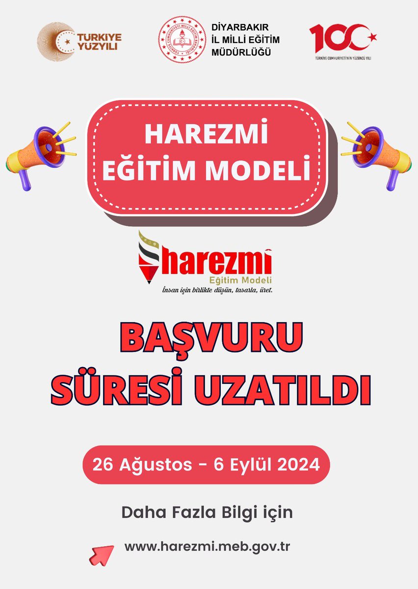diyarbakirarge's tweet photo. 📢Bakanlığımız koordinesinde yürütülen Harezmi Eğitim Modeli'ni okulu ve sınıfında uygulamak isteyen öğretmenlerimiz belirtilen tarihler arasında https://t.co/N9IklVlo2U URL’den başvurularını yapabilirler
🗓️Başvuru:26 Ağustos-6 Eylül
@Yusuf__Tekin
@vali_zorluoglu @Murat4Kucukali https://t.co/dBhvFotN6c