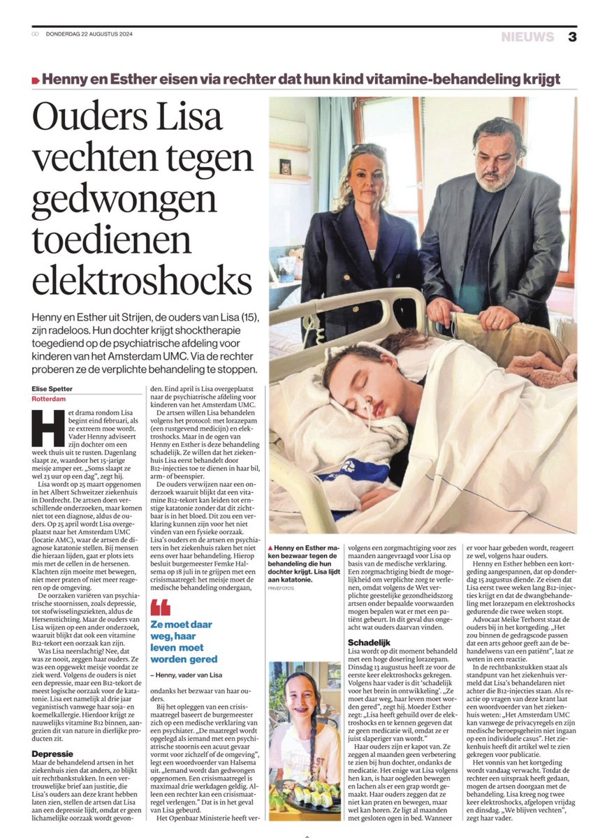 BEHANDELDILEMMA 

✅ ouders lijnrecht tegenover Amsterdam UMC om behandeling van hun dochter (15): ‘ze moet daar weg’
✅ via een kort geding proberen ze de behandeling met elektroshocks voor katatonie te stoppen 

via AD