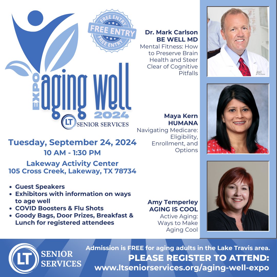 Attention older adults in the greater Lake Travis area! This free, informative event is for you! For details about LT Senior Services' Aging Well Expo and to register, visit ltseniorservices.org/aging-well-expo. #ltseniorservices #expo #agingwell #laketravis #lakeway #beecave #free #seniors
