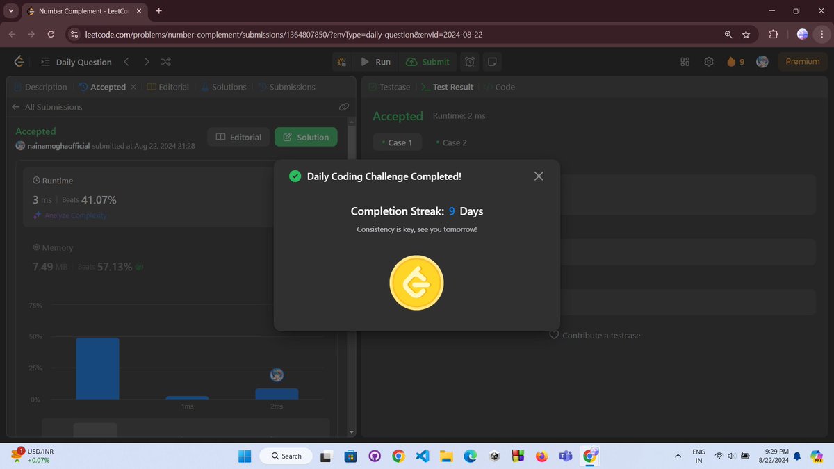 mogha_naina's tweet photo. 🎉 Day 9 of my coding streak on LeetCode! Completed today's challenge, "Number Complement," and it's been a rewarding journey so far. 🚀 Consistency is key, and I'm excited to keep pushing forward. See you tomorrow with another challenge! 💪 #100DaysOfCode #LeetCode #CodingLife https://t.co/047bvUmalY