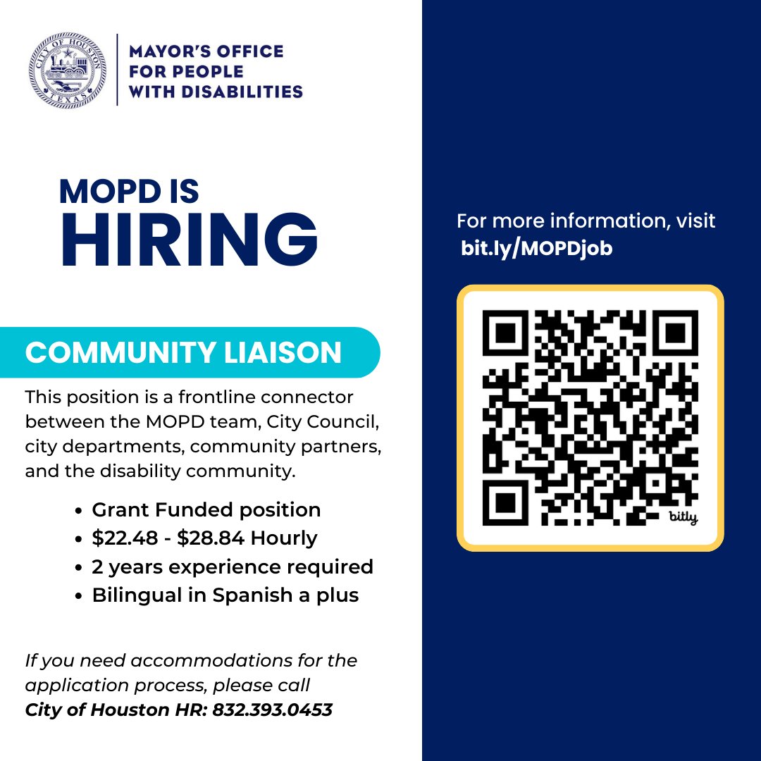 MOPD is hiring a Community Liaison! 
-Grant Funded position
-$22.48 to $28.84 hourly
-2 years experience required
-Bilingual in Spanish a plus
Full details available at bit.ly/MOPDjob
For application accommodations, call City of Houston HR: 832.393.0453.