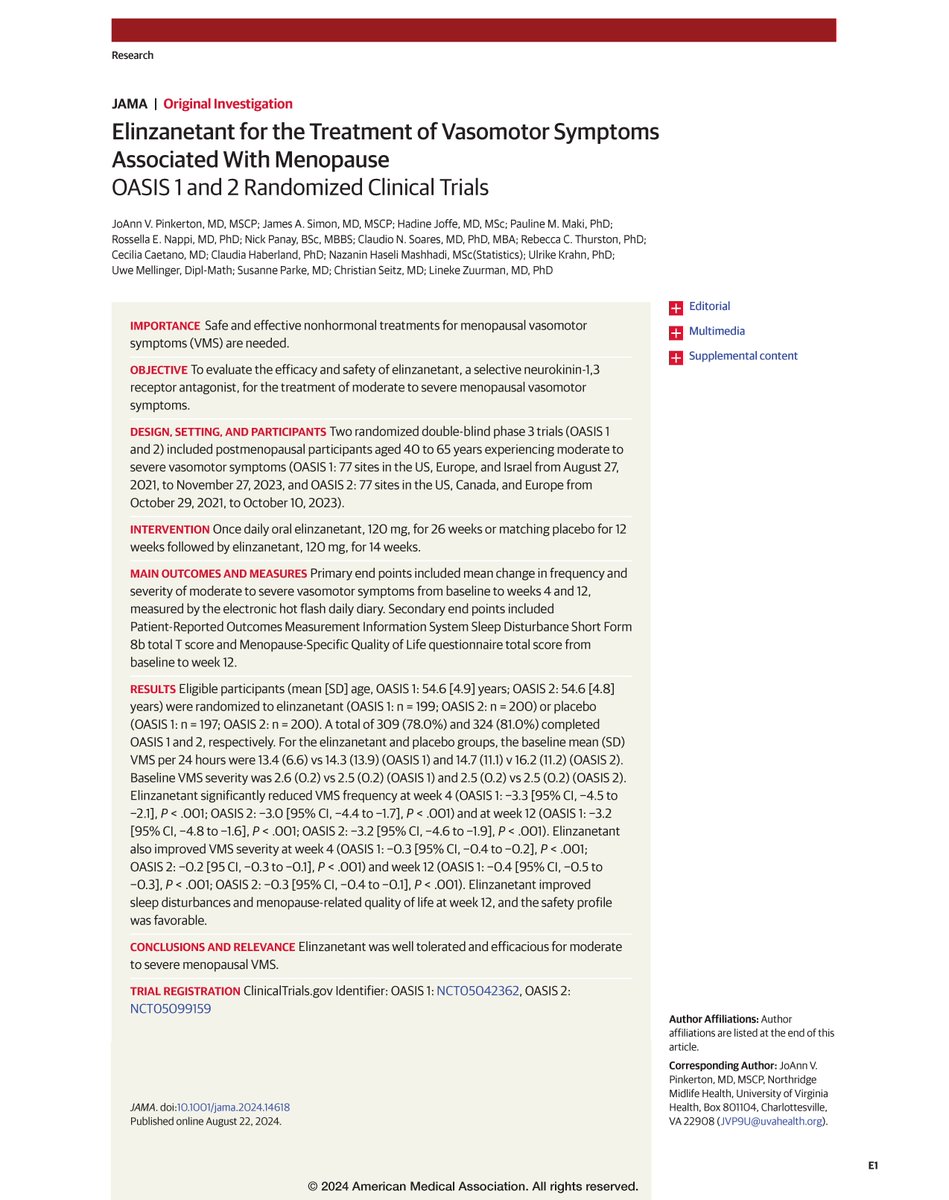 In a clinical trial, elinzanetant was an efficacious and well-tolerated selective neurokinin-1,3 receptor antagonist for the treatment of moderate to severe vasomotor symptoms associated with menopause. ja.ma/3YQxCpd