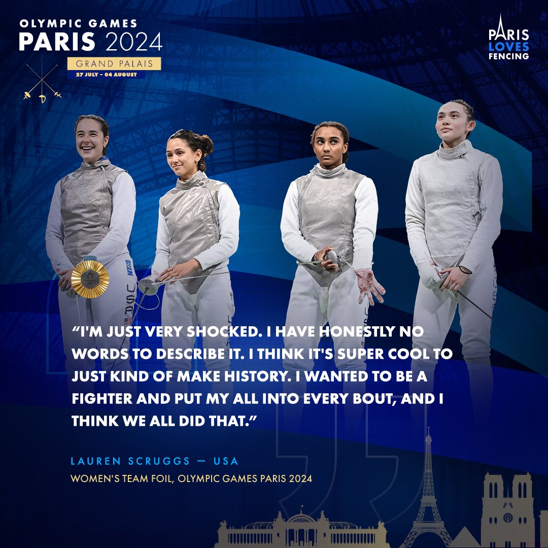 FIE_fencing's tweet photo. Echoes of #Paris2024

Team USA🇺🇸 became the Olympic champion in the women’s team foil event at Paris 2024, marking the country’s first-ever Olympic gold medal in any team fencing event!🥇🤺 

@paris2024 @olympics @USAFencing 
#fencing #olympics #olympicgames #olympicfencing #paris2024 #foil