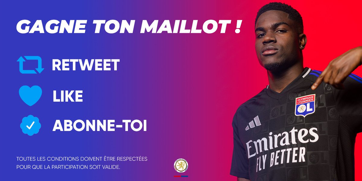 👕 𝐉𝐄𝐔 𝐂𝐎𝐍𝐂𝐎𝐔𝐑𝐒 👕

Gagne ton maillot de l’OL 2024/25 avec le flocage de ton choix. 🤩🔴🔵

Pour participer :

1️⃣ RT ce tweet
2️⃣ Like ce tweet
3️⃣ Follow <a href="/lyonpourtoujour/">LPTJ | LYON POUR TOUJOURS</a>

TAS le 01/09 ! Bonne chance à tous 🤞 #TeamOL #OL #Lyon