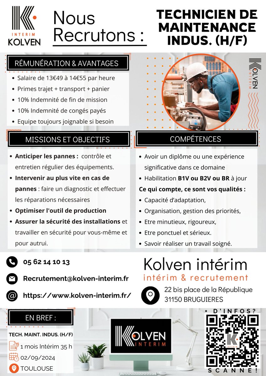 KolvenInterim's tweet photo. offre d'emploi #interim #techicien de #maintenance #industrielle pose pasé à #Toulouse 
durée 1 mois dès lundi 2 septembre avec possibilité de prolongation https://t.co/cH9FC6lJdV