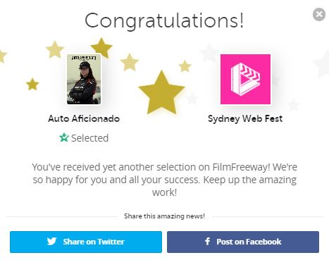 Amazing news! Auto Aficionado was just selected by Sydney Web Fest via FilmFreeway.com!
