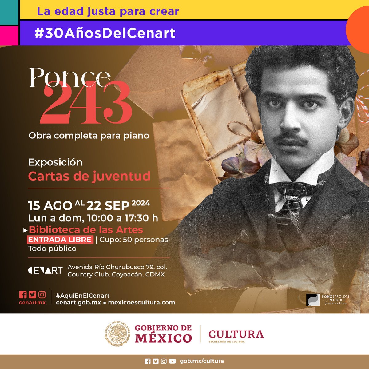 Recuerda que tenemos la exposición:  Cartas de juventud 🎶
Selección de cartas escritas por Manuel M. Ponce entre 1900 y 1906, dirigidas a su hermano José Braulio Ponce. Algunas misivas fueron escritas desde la Ciudad de México, Nueva York, Bologna (Italia) y Berlín (Alemania)