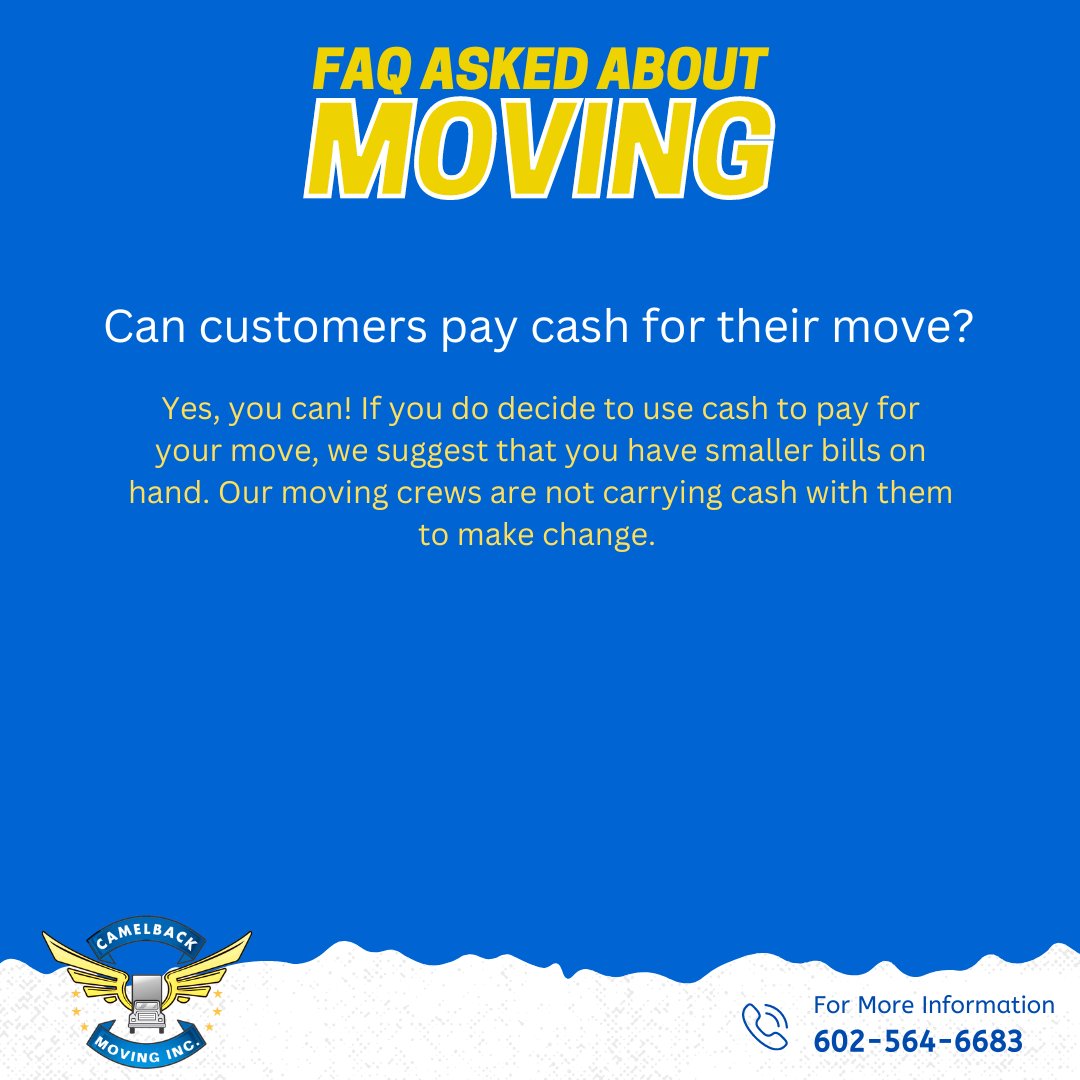 CamelbackMoving's tweet image. This is a question that we are asked a lot when it comes time to pay for a move. Can you pay cash? The answer is yes. And in doing so, you avoid the 3% surcharge that is added to cards. #CamelbackMoving #MovingFAQ