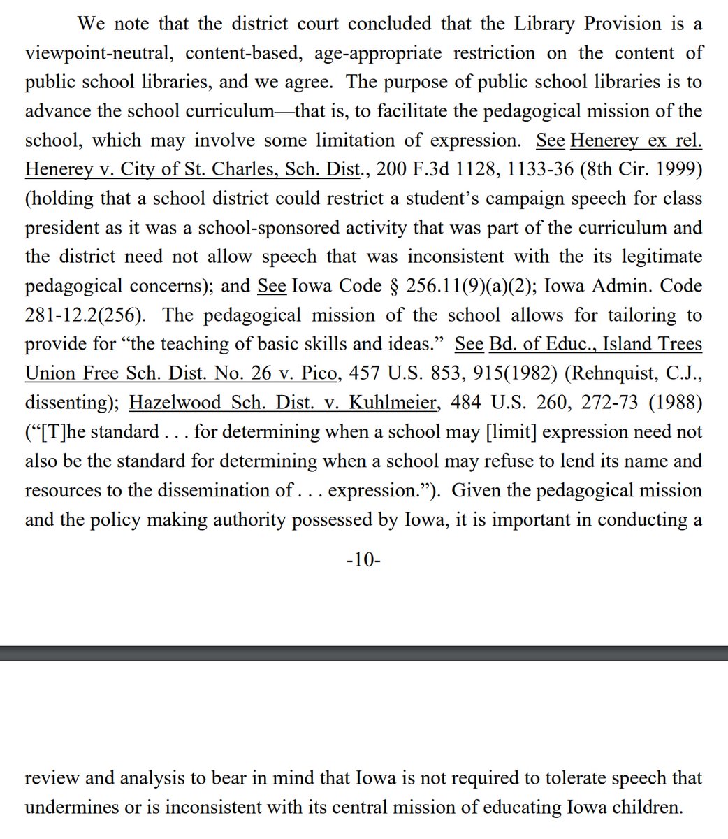 DeepEndPubEd's tweet image. In a case against @IAGovernor Kim Reynolds, the 8th Circuit Court of Appeals opinion published Aug. 9, falls in line with the 1982 Supreme Court opinion in Island Trees Sch. Dist. v. Pico, respecting sch. dist. authority to remove books from school libraries. #Mark4verse22