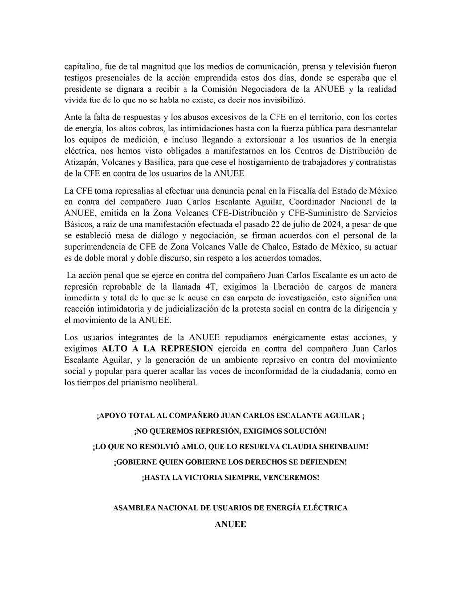 La #CFE, en uno más de sus intentos de minar a  la ANUEE, está tomando represalias al efectuar una denuncia penal en la Fiscalía del Estado de México en contra del compañero Juan Carlos Escalante Aguilar, Coordinador Nacional de la #ANUEE.

¡Alto a la represión contra a ANUEE!