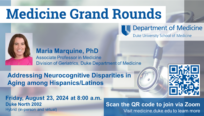 Duke Department of Medicine (@dukemedicine) on Twitter photo Join us tomorrow in-person or on Zoom for #MGR with Dr. Maria Marquine on neurocognitive disparities in aging among Hispanics/Latinos. Don't miss this opportunity to learn about cutting-edge research from <a href="/AgingDuke/">Duke Aging Center</a>! #Geriatrics #DukeMed Join us tomorrow in-person or on Zoom for #MGR with Dr. Maria Marquine on neurocognitive disparities in aging among Hispanics/Latinos. Don't miss this opportunity to learn about cutting-edge research from <a href="/AgingDuke/">Duke Aging Center</a>! #Geriatrics #DukeMed