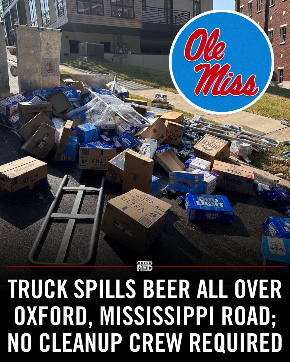 A truck spilled its load of beer all over a road in Oxford, MS, prompting police to close the area and remind drivers that no cleanup crew is needed. 🍺🚧 #BeerSpill #OxfordMS #TrafficAlert