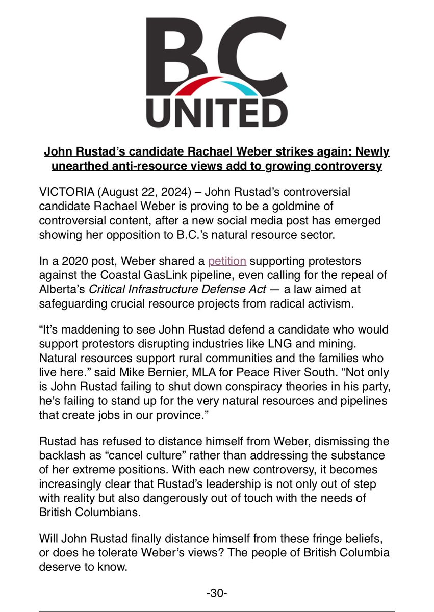 John Rustad’s Prince George-Mackenzie candidate strikes again. 

This time it’s not 5G death rays or credit cards bringing the Antichrist - it’s opposing the Coastal GasLink project and opposing protecting other critical projects from radical activists. 

Does Rustad support his