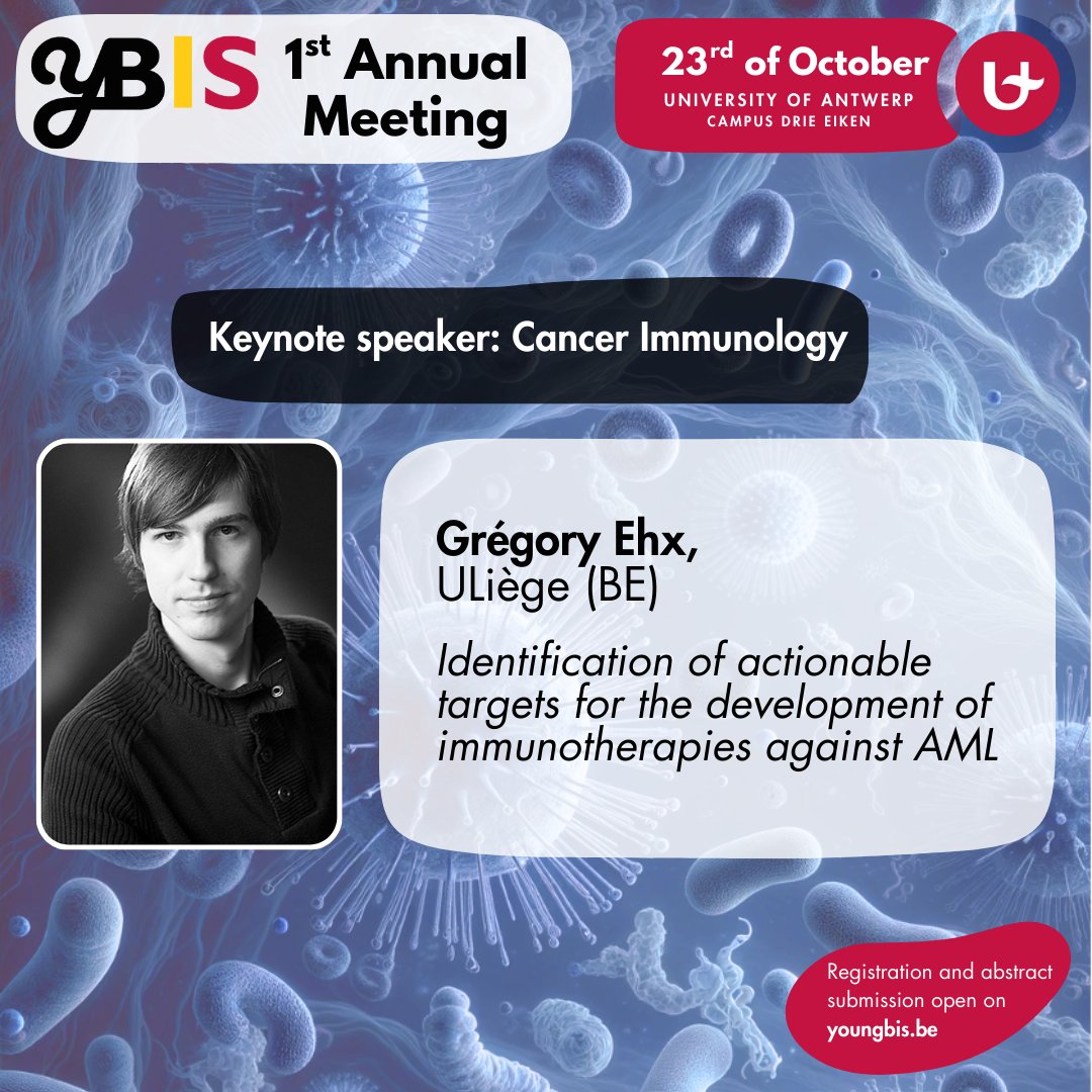 Young Belgian Immunological Society (@ybis_be) on Twitter photo For our #CancerImmunology session, <a href="/EhxGregory/">Gregory Ehx</a> will talk about the "Identification of actionable targets for the development of immunotherapies against AML" #yBIS2024
Registrations: forms.gle/rbwB73YzGMxyiG…
Abstracts: forms.gle/V2Lof7tMGevuDa… For our #CancerImmunology session, <a href="/EhxGregory/">Gregory Ehx</a> will talk about the "Identification of actionable targets for the development of immunotherapies against AML" #yBIS2024
Registrations: forms.gle/rbwB73YzGMxyiG…
Abstracts: forms.gle/V2Lof7tMGevuDa…