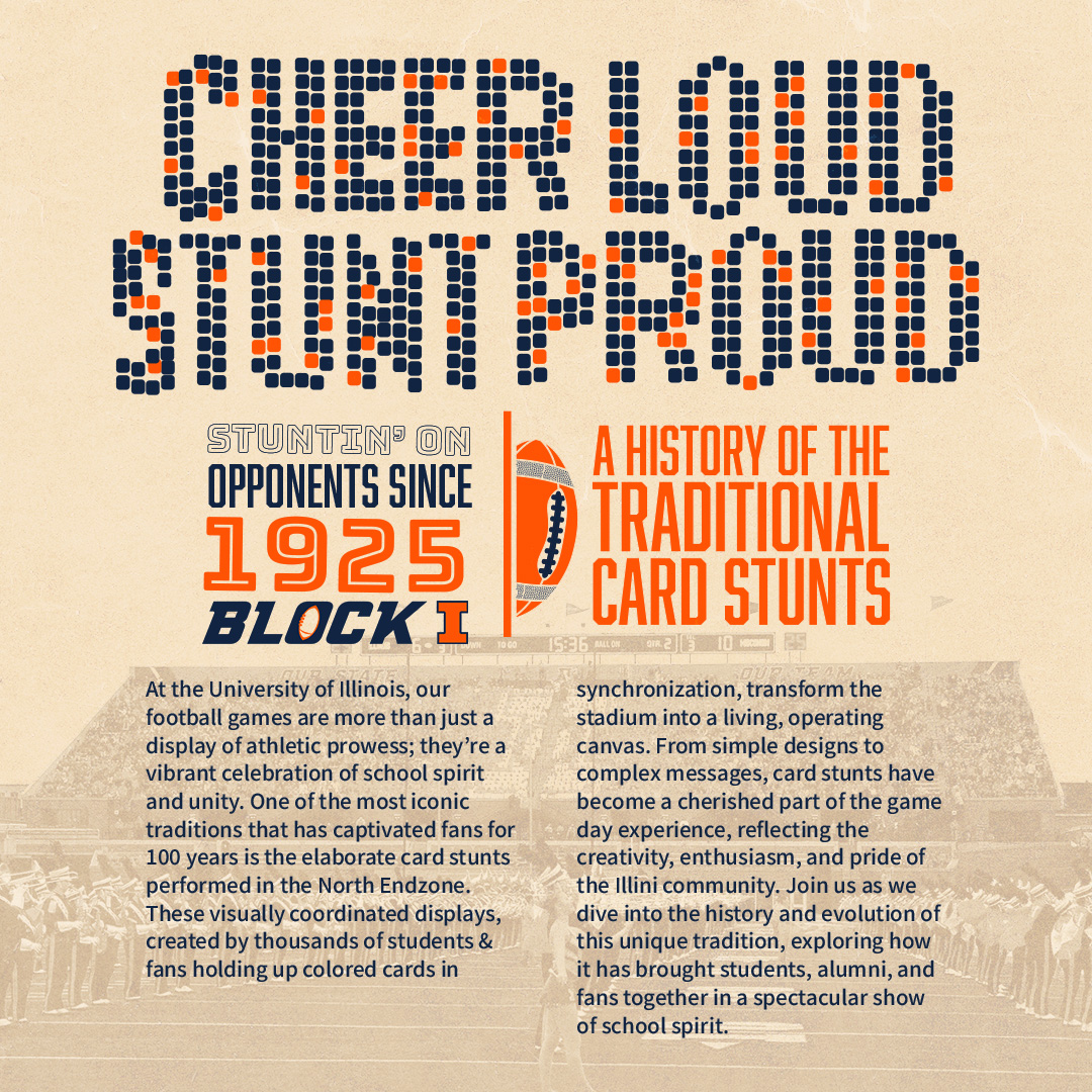 IllinoisBlockI's tweet photo. Extra, extra -- read all about it! 📰
We come to you with this special edition of the history of our card stunts.

🔸Whether you're an alumnus of our beloved University or a newcomer in the freshman class, we want to continue to share the tradition with you!🔹

#FamILLY | #BlockI https://t.co/cCZqRA9QmA