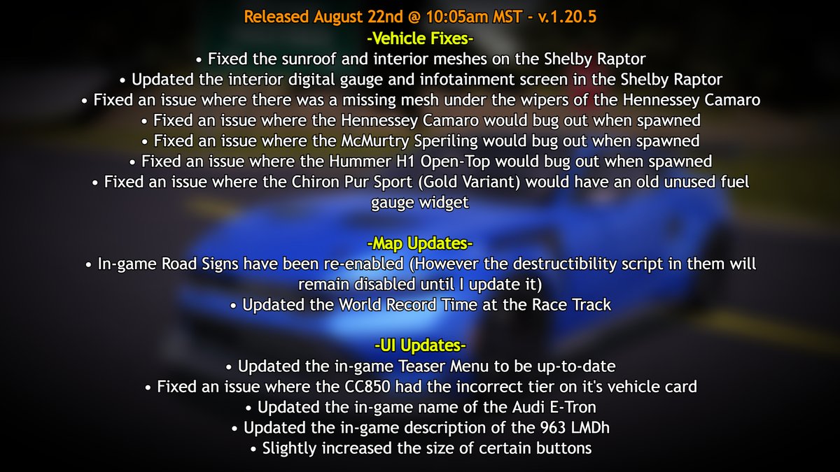 PlayMotorsportL's tweet photo. Hey everyone!👋

A New Patch just went live in Motorsport Legends featuring a handful of fixes and changes before the next upcoming content update!🔥

As always, I appreciate the support on the game loads, and hope you all will continue to enjoy the game!👍

#RobloxDev
#Roblox https://t.co/5fzT6S2rNS
