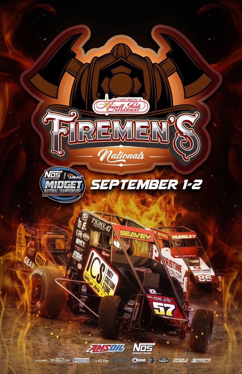USACNation's tweet photo. Alert your platoon! 🚒

USAC @NosEnergyDrink National Midgets are coming to Wisconsin's @AngellPark on September 1-2 for the 39th Firemen's Nationals.

It's a Labor Day Weekend tradition &amp; we're at the Sun Prairie dirt oval for ✌️ consecutive nights.

🎟️ https://t.co/pYaGF3qCjt https://t.co/zQojfLpxKS