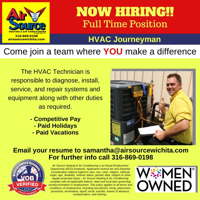 AirSourceWichit's tweet photo. Looking to hire an HVAC Journeyman with potential for promotion with Air Source Heating &amp; Air Conditioning located in Wichita KS.  Send in your resume to samantha@airsourcewichita.com or call 316-869-0198.
#AirSourceWichita #HVAC #employmentopening #employment #opportunity https://t.co/O9Yav4U9Qv