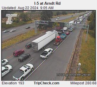 OregonDOT's tweet image. SB I-5 remains closed due to a crash 5 mi. north of #Woodburn at MP 277, just south of the Aurora-Donald interchange. SB I-5 traffic is backed up to #Wilsonville. SB traffic use Exit 282A or OR 551, but expect delays if using OR 551 or OR 99E due to heavy detour traffic.